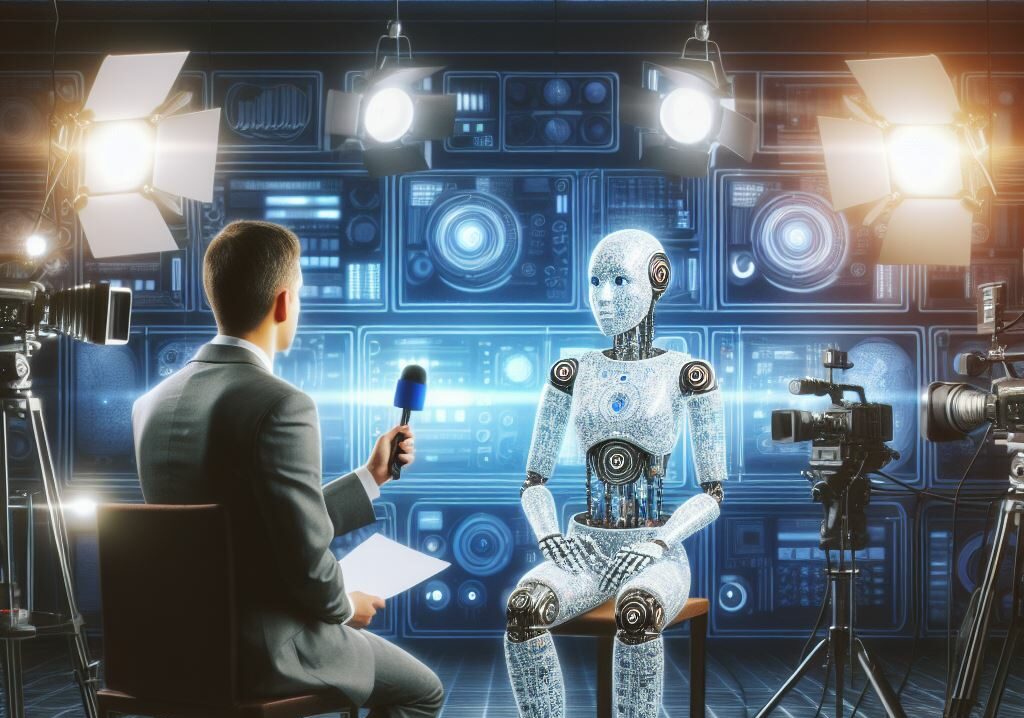 AI generated image of a human interviewing a robot representation of AI